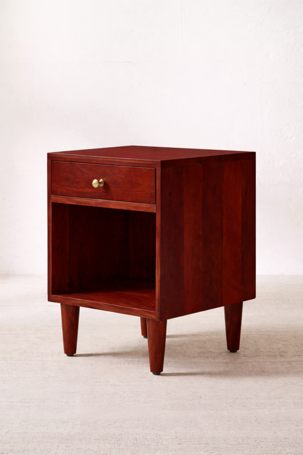 sheesham wood bedside table side view drawer brass knob rustic woods