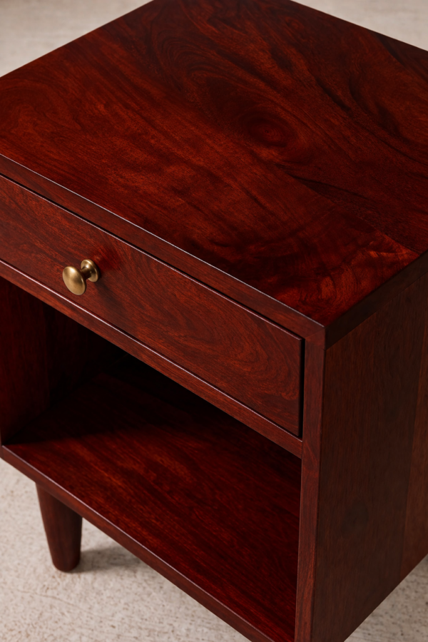 solid sheesham wood bedside table mid century tapered legs rustic woods jodhpur
