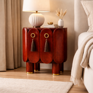 sheesham wood bedside cabinet brass tassel doors open shelf front view rustic woods jodhpur