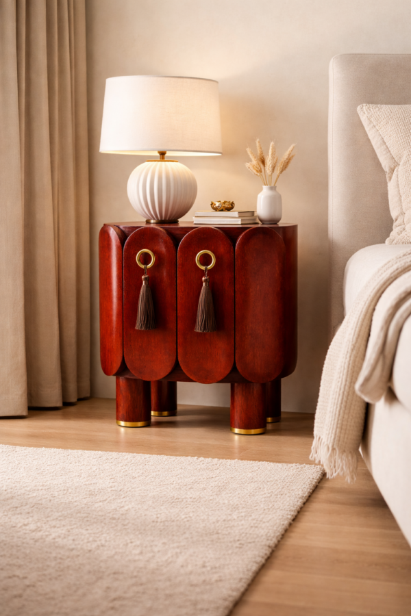 sheesham wood bedside cabinet brass tassel doors open shelf front view rustic woods jodhpur